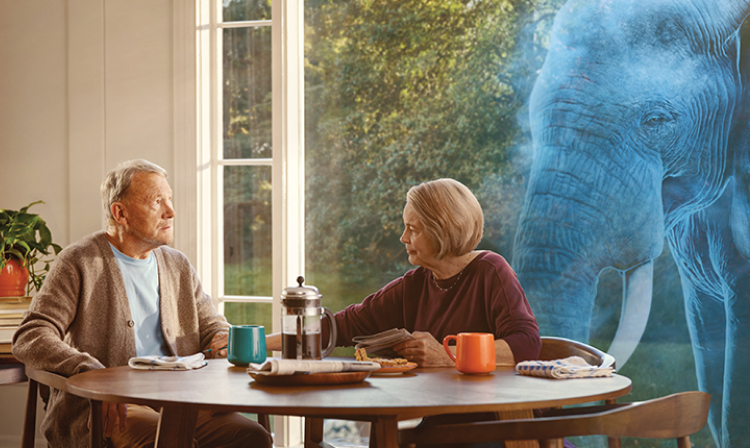A patient hallucinates an elephant and his wife touches his hand with concern. Actor portrayal